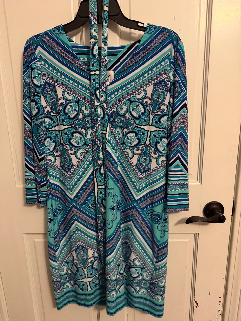 JM Collection Teal and Blue V-Neck Long Sleeve Patterned Dress